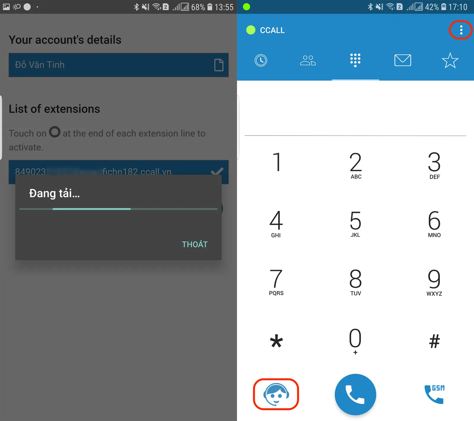 CCALL Softphone tải thông tin cầu hình